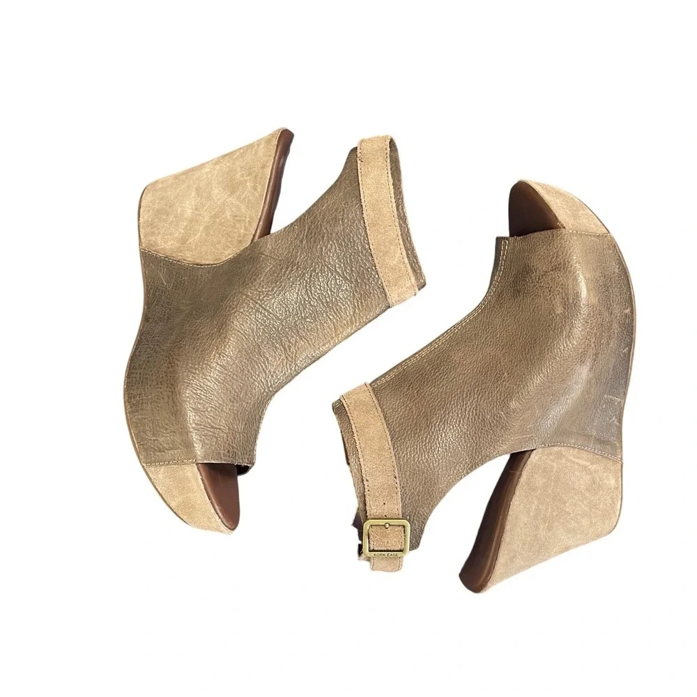 Kork-Ease Brown Leather Suede Wedge Sandals Peep Toe Ankle Strap Womens 10M